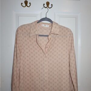 Celine logo Mango Beige Patterned Long Sleeve Blouse S